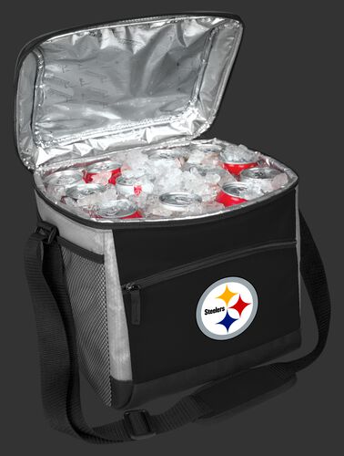 An open Pittsburgh Steelers 24 can cooler filled with ice and drinks - SKU: 10211082111