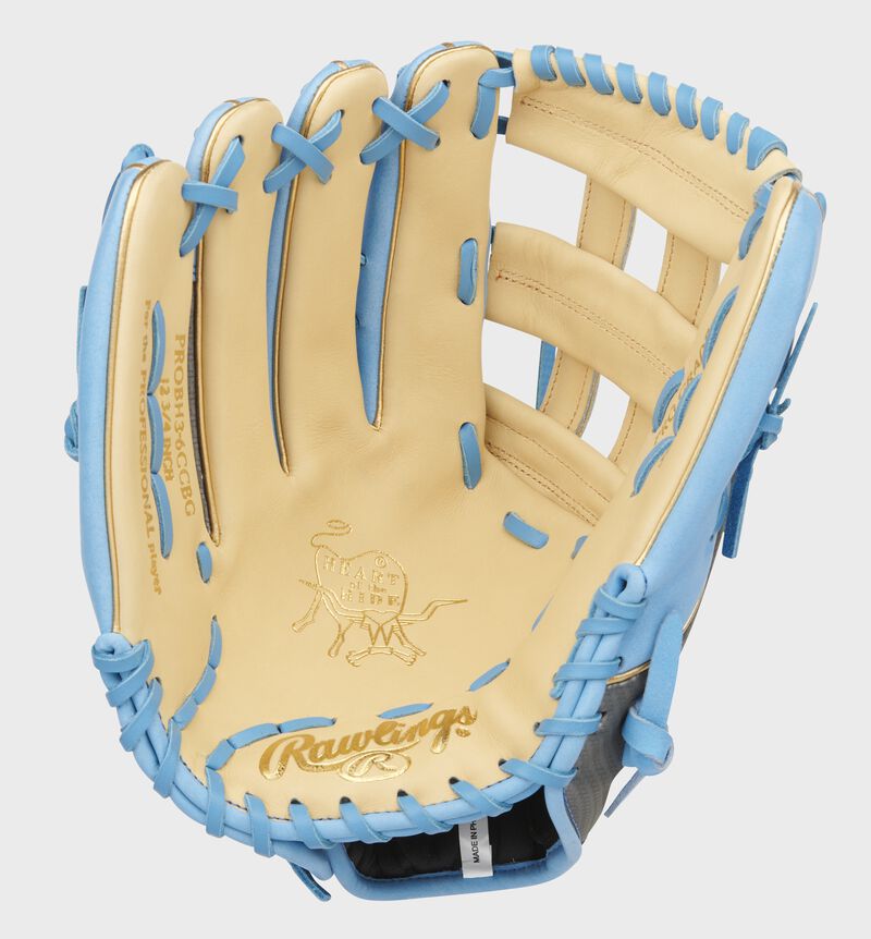 Camel palm of a Heart of the Hide H-web outfield glove with camel web and columbia blue laces - SKU: PROBH3-6CCBG