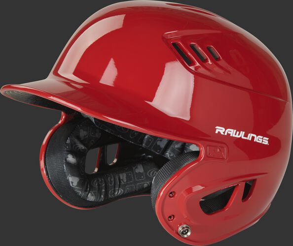 Left angle view of a R1601 gloss Velo helmet with a scarlet clear coat shell