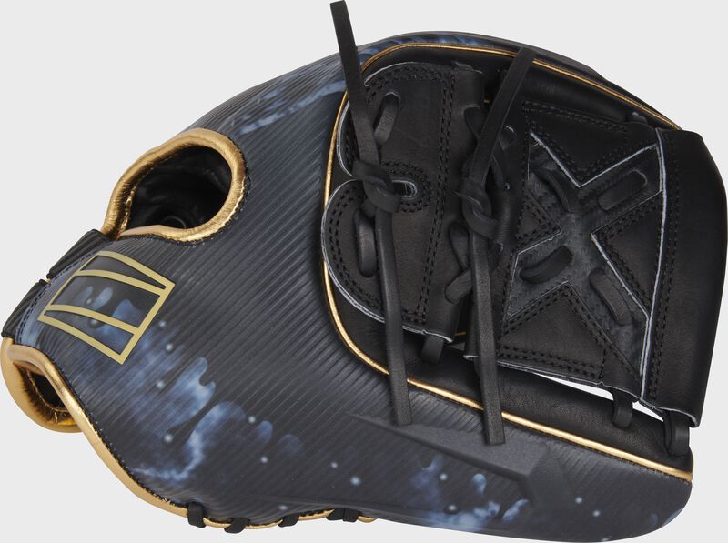 Thumb of a black REV1X 11.75" infield/pitcher's glove with a X-Laced 2-piece Solid web - SKU: REV205-9XB