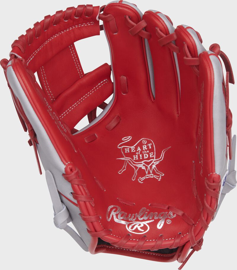 Scarlet palm of a Rawlings Jonathan India Heart of the Hide glove with scarlet laces and silver stamping - SKU: PRO204-2JI