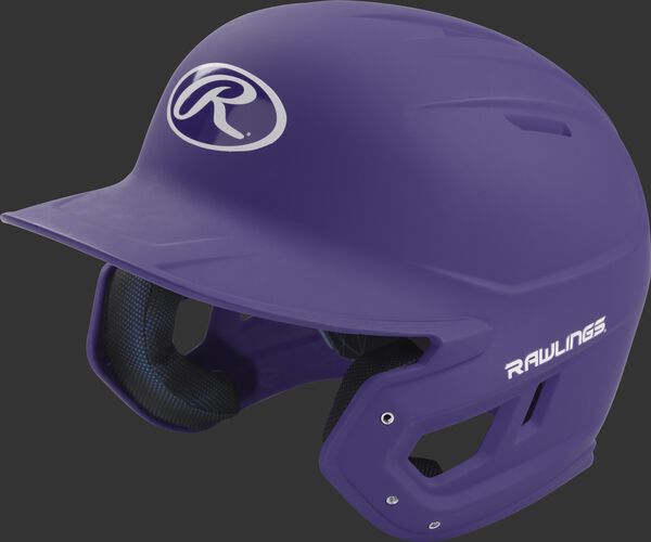 Left angle view of a Rawlings MACH helmet with a one-tone matte purple shell