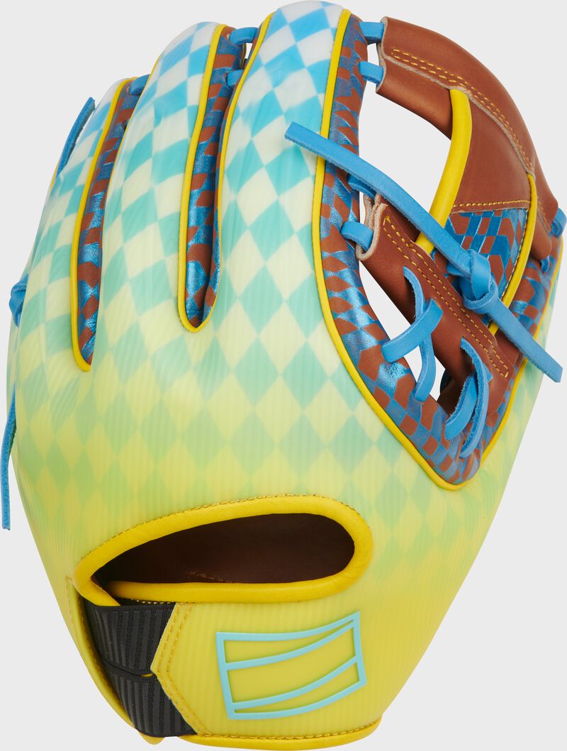 Yellow/light blue checker print back of a Rawlings REV1X Race Day glove