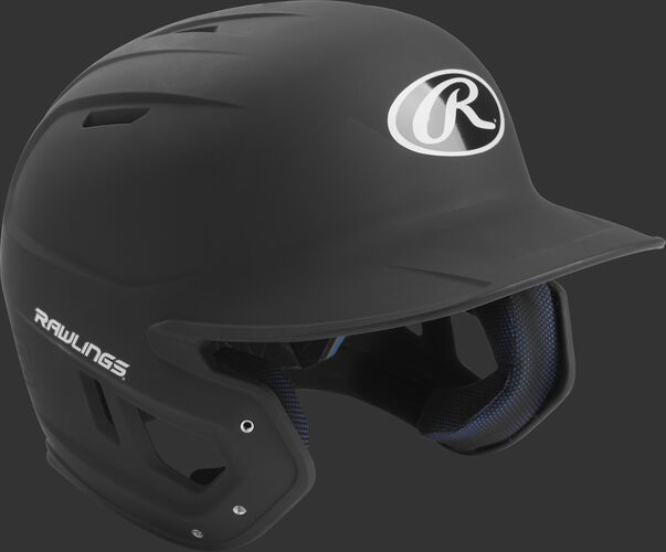 Right angle view of a matte MACH Senior batting helmet with a black shell