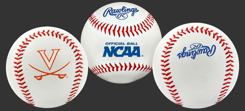3 views of a NCAA Virginia Cavaliers baseball with a team logo, NCAA logo and Rawlings logo
