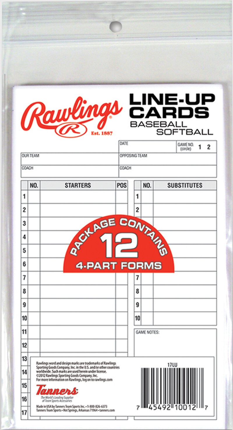 Rawlings White System-17 Lineup Cards Refill Pack With 12 Four Part Forms SKU #17LU