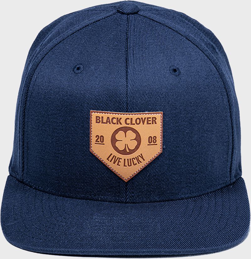 Front view of Rawlings Black Clover Leather Patch Flat Bill Hat - SKU: BC0LPF0071