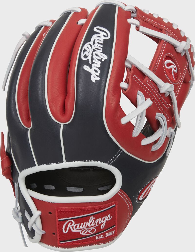 Shell back view of black, red, and white 2022 Breakout 11.5-inch I-Web infield glove