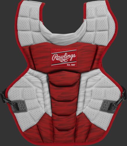A scarlet/white CPV2N Rawlings Velo 2.0 adult chest protector with a striped pattern