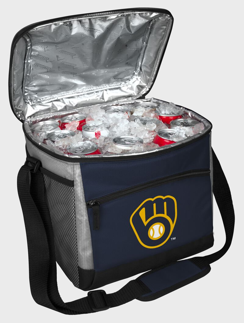 An open Milwaukee Brewers 24 can cooler with ice and drinks