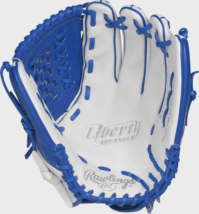 RLA125-18WR Rawlings 12.5-inch outfield/pitcher's softball glove with a white palm and royal blue laces