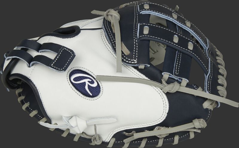 Thumb of a white RLACM33FPN Liberty Advanced Color Series 33-inch catcher's mitt with a navy H web