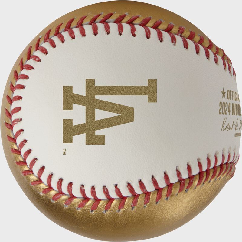 Los Angeles Dodgers logo stamped on the white side of a 2024 World Series Champions baseball