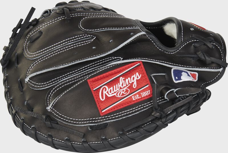 Back of a black Sean Murphy Gameday 57 Pro Preferred catcher's mitt with a red Rawlings patch - SKU: RSGPROSCM43BP-SM12