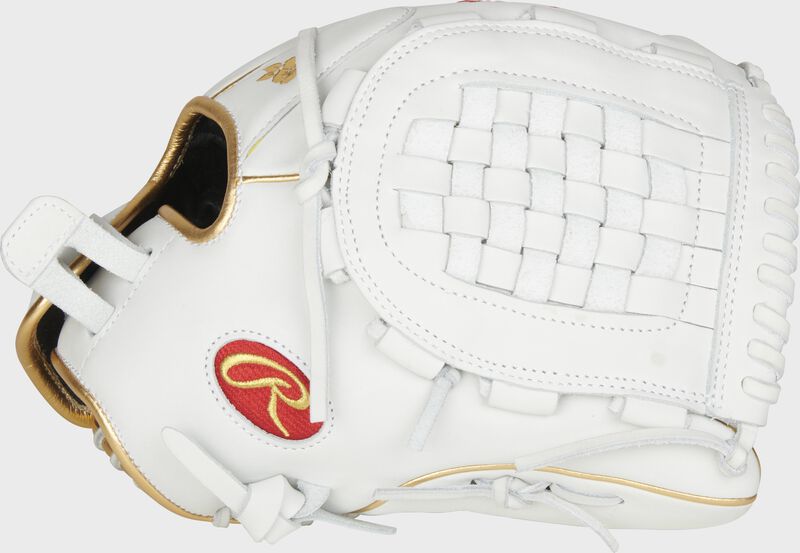 Web back view of red and white 2021 Liberty Advanced 12.5-inch fastpitch glove