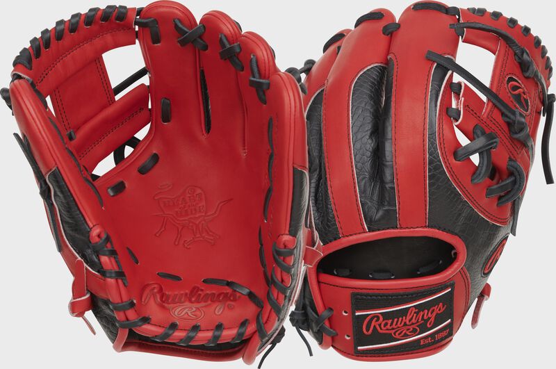 2 images showing the palm and back of a scarlet/black Heart of the Hide ColorSync 8.0 11.5" croc infield glove - SKU: PRO204-2SBC