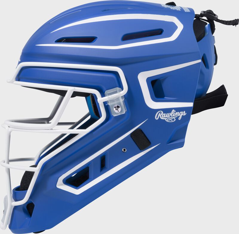 Left side of a royal Rawlings Mach Pro Series catcher's helmet loading=
