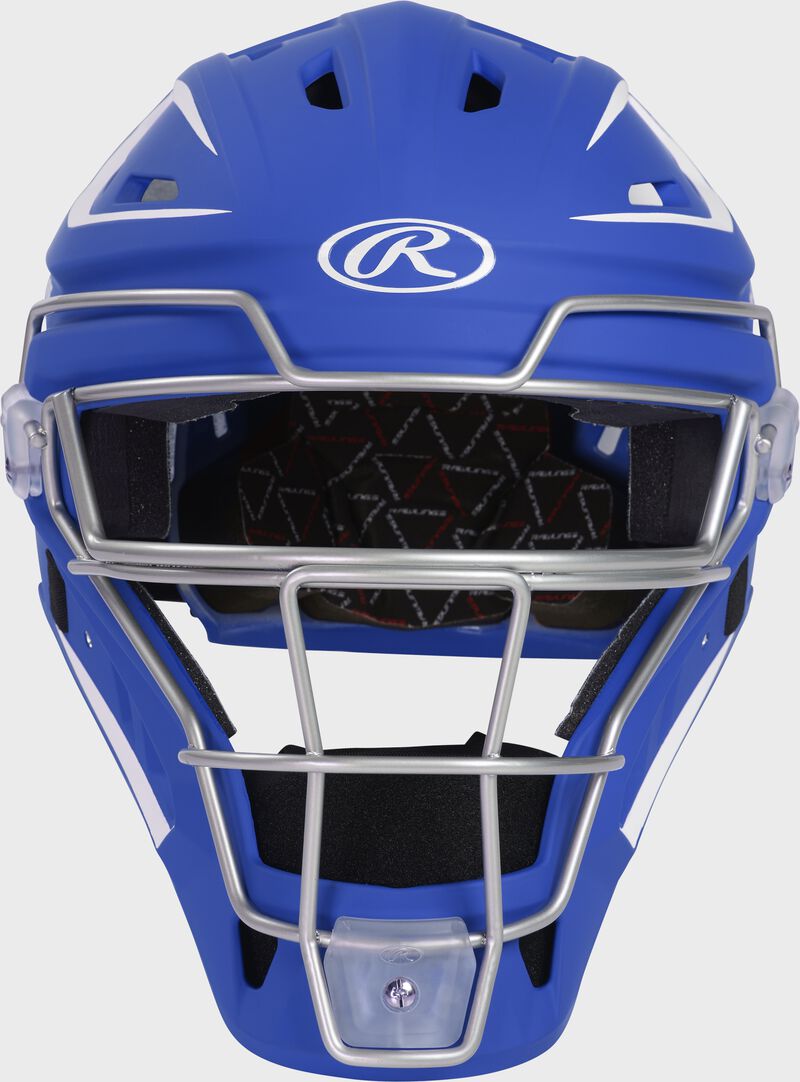 Front of a royal Velo 2.0 catcher's helmet