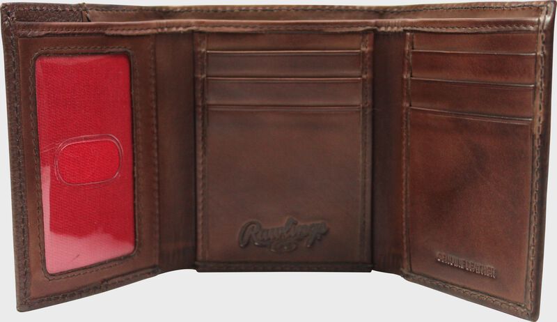 Inside of a brown RW80003-200 Rawlings tri-fold wallet with 6 credit card slots and clear ID window on the left