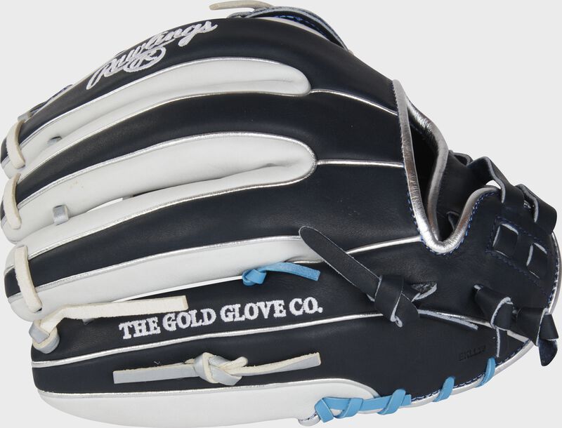 Navy/white back of a Rawlings 11.75" Heart of the Hide softball infield glove - SKU: PRO715SB-6N