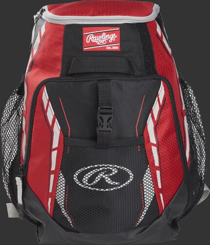 A scarlet R400 youth players team backpack with a gray Oval R logo on the front pocket