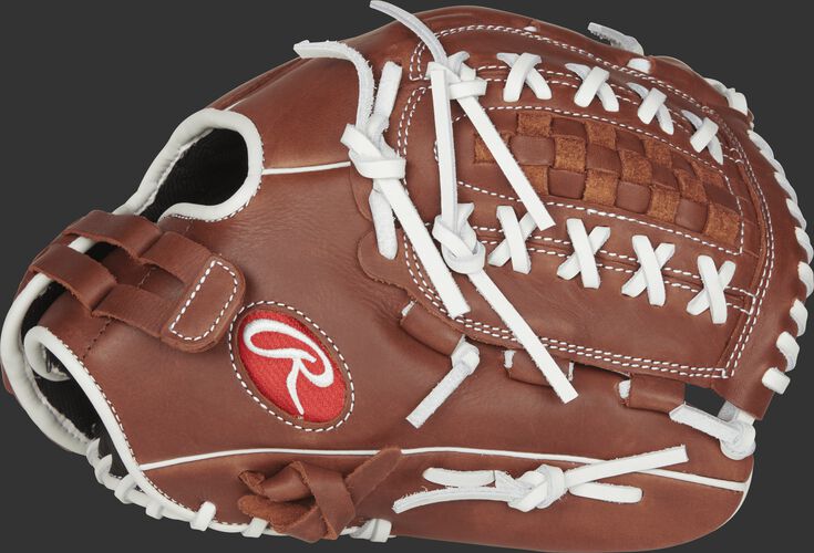Thumb view of a brown R9SB120FS-18DB R9 Series 12-inch fastpitch glove with a brown Double-Laced Basket web