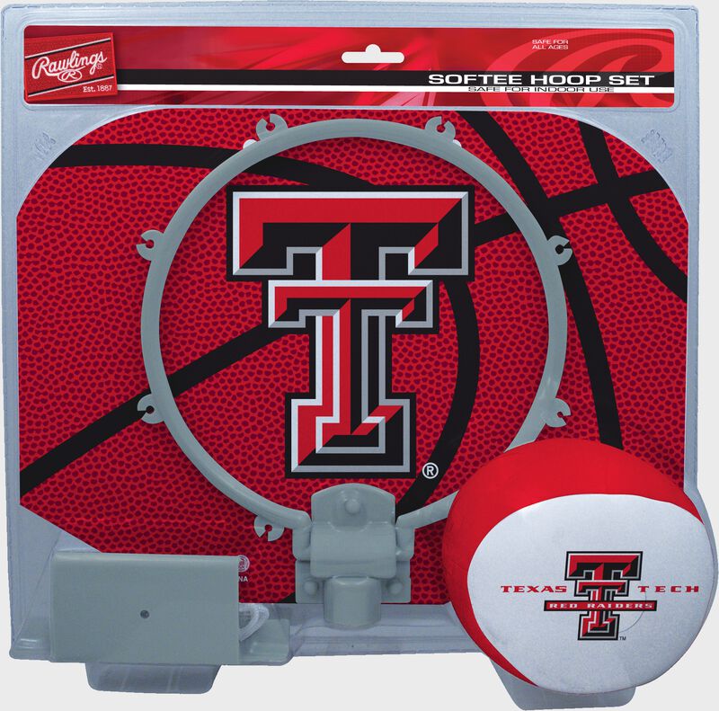 A red/grey NCAA Texas Tech Red Raiders hoop set with a red/white ball and team logo printed on the backboard image number null