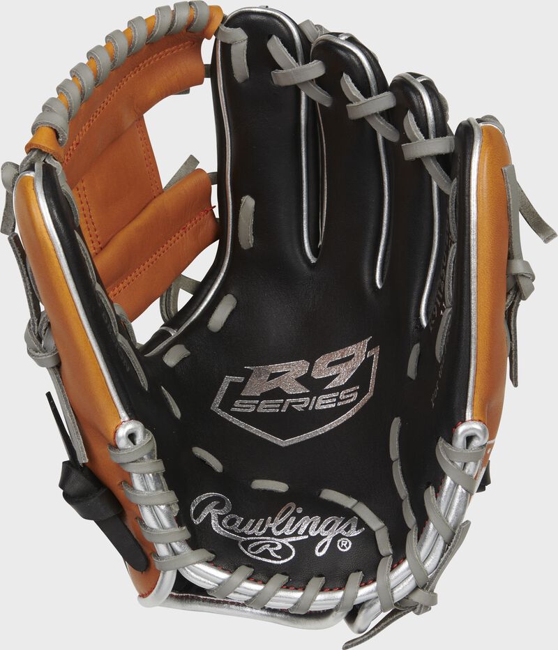 Black palm of a Rawlings R9 ContoUR baseball glove with gray laces and silver palm stamping - SKU: R9125U-2BT