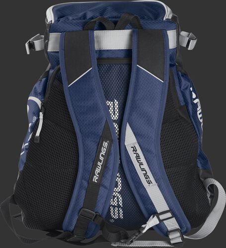 Back of a navy VELOBK Rawlings Velo backpack with navy shoulder straps