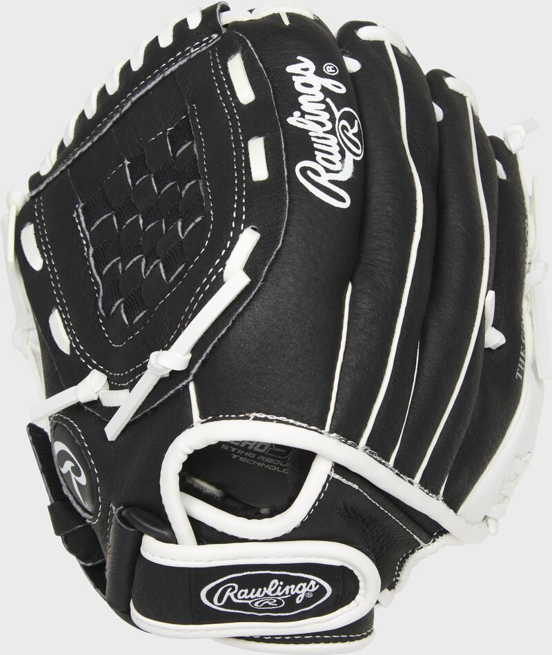 Back of a black left handed 10.5-inch Rawlings basket web softball glove with a Velcro wrist strap - SKU: ACAHFP105BW-RH