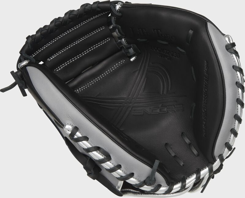 Black palm of a Rawlings Encore catcher's mitt with black laces - SKU: ECCM32-23B loading=