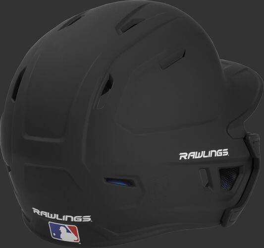 Back right of a matte black MACHEXTL Rawlings junior size batting helmet