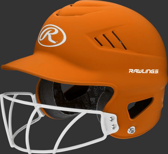 A neon orange RCFHLFG Coolflo batting helmet with a white facemask