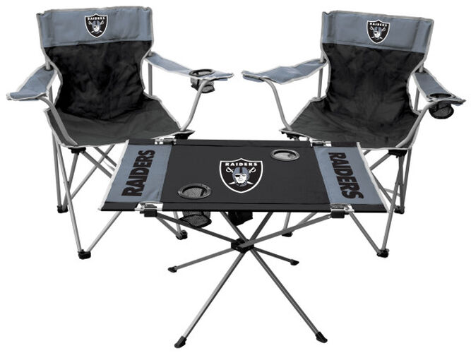 Front of Rawlings Black and Silver NFL Oakland Raiders 3-Piece Tailgate Kit With Two Kickoff Chairs, An Endzone Table, And A Transport Bag With Team Logo SKU #01041072511