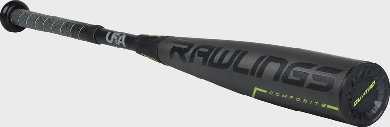 3/4 angle view of a US9Q8 -8 USA Rawlings Quatro Pro bat with a black/grey barrel and black end cap