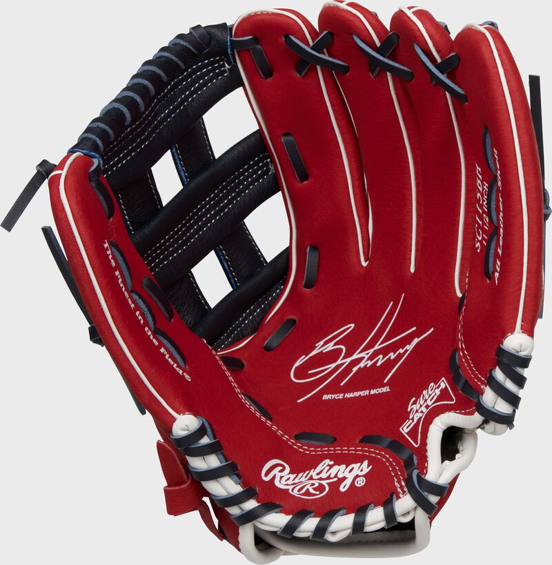 Scarlet palm of a Rawlings Sure Catch Bryce Haper signature glove with navy laces - SKU: SC115BH