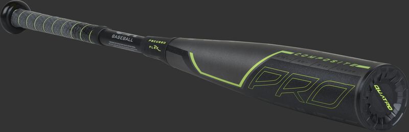3/4 angle view of a US9Q8 Quatro Pro USA baseball bat with a grey/black barrel and green accents
