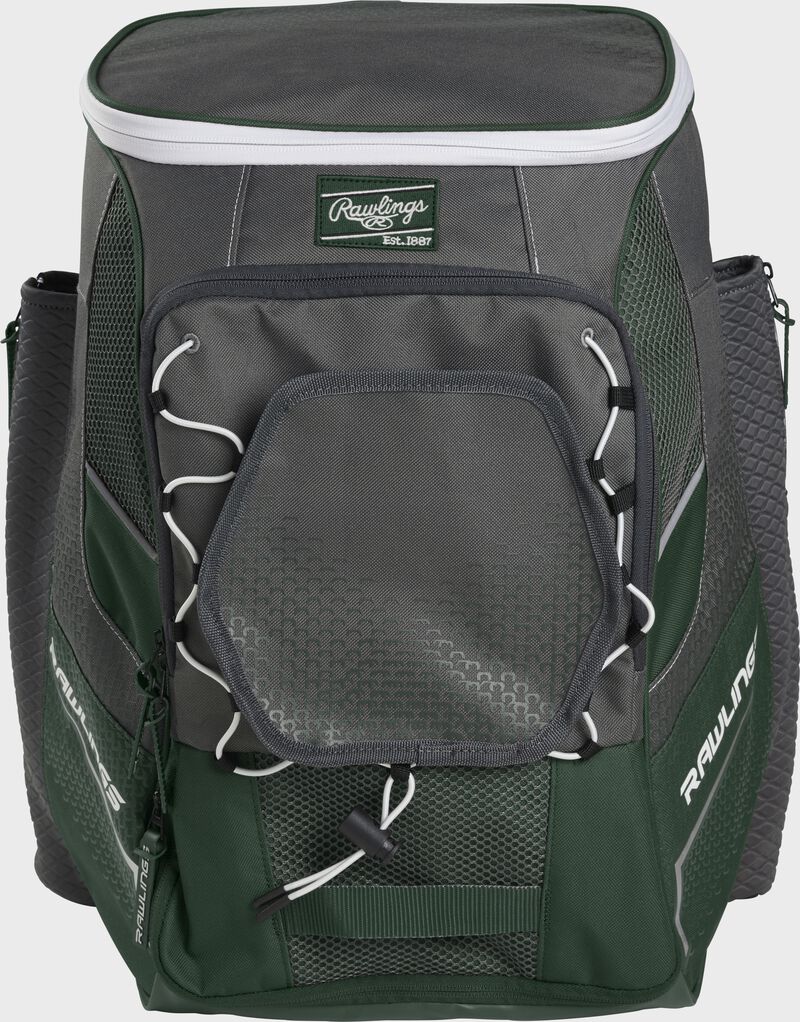 Front of a dark green Impulse baseball backpack with a gray front pocket - SKU: IMPLSE-DG loading=