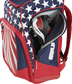 Sie view of red, white, and blue Rawlings Legion Backpack with cleats inside - SKU: LEGION image number null