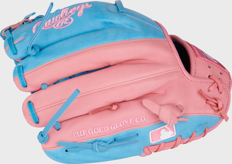 Pink/Columbia blue back of an 11.5" HOH R2G infield/pitcher's glove with the MLB logo on the pinky - SKU: RPROR204-4CBP