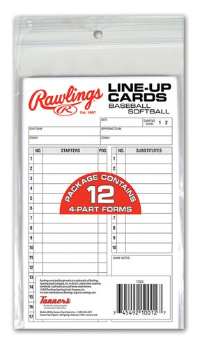 Rawlings White System-17 Lineup Cards Refill Pack With 12 Four Part Forms SKU #17LU