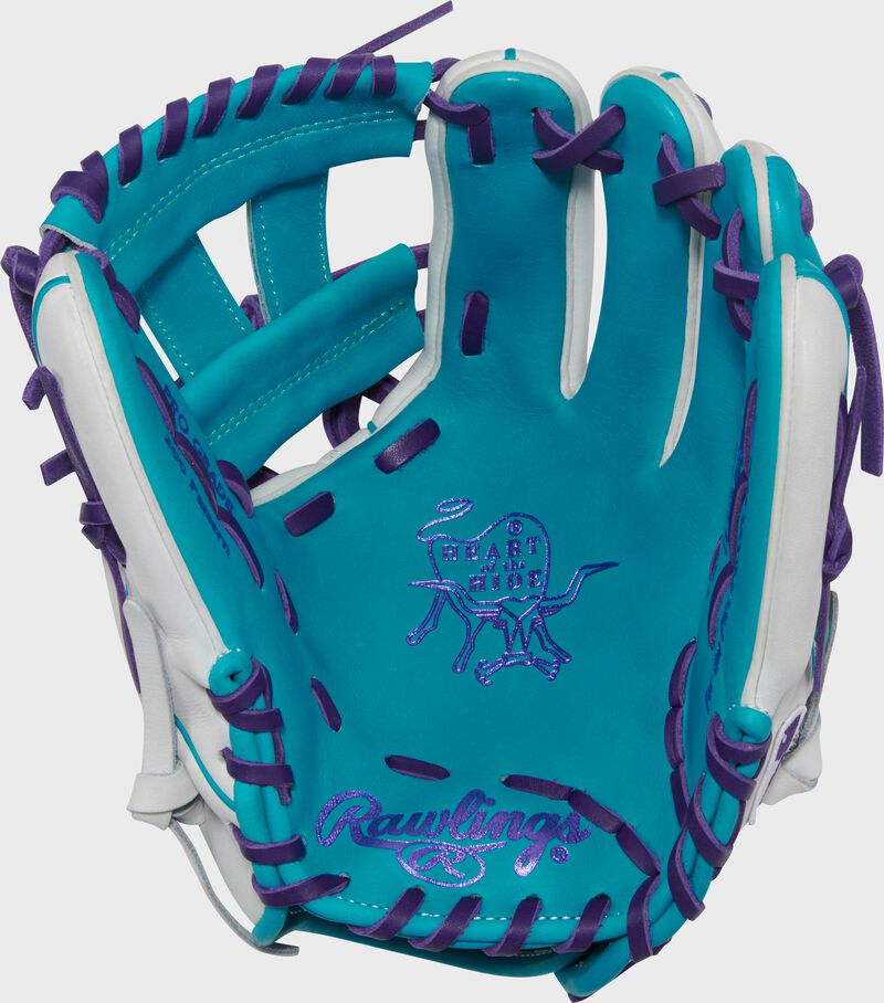 Teal palm of a Rawlings Exclusive Heart of the Hide R2G Wing Tip 11.5-inch Infield Glove with purple laces