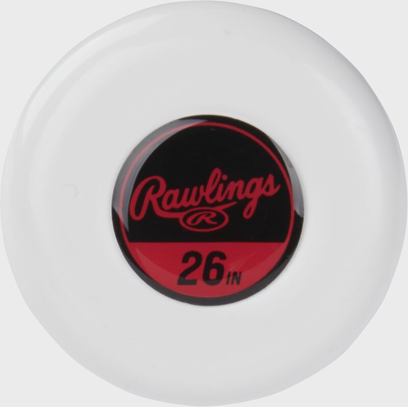 White knob of a 26" Peak USSSA coach pitch bat with a black/red sticker - SKU: RUT4P11