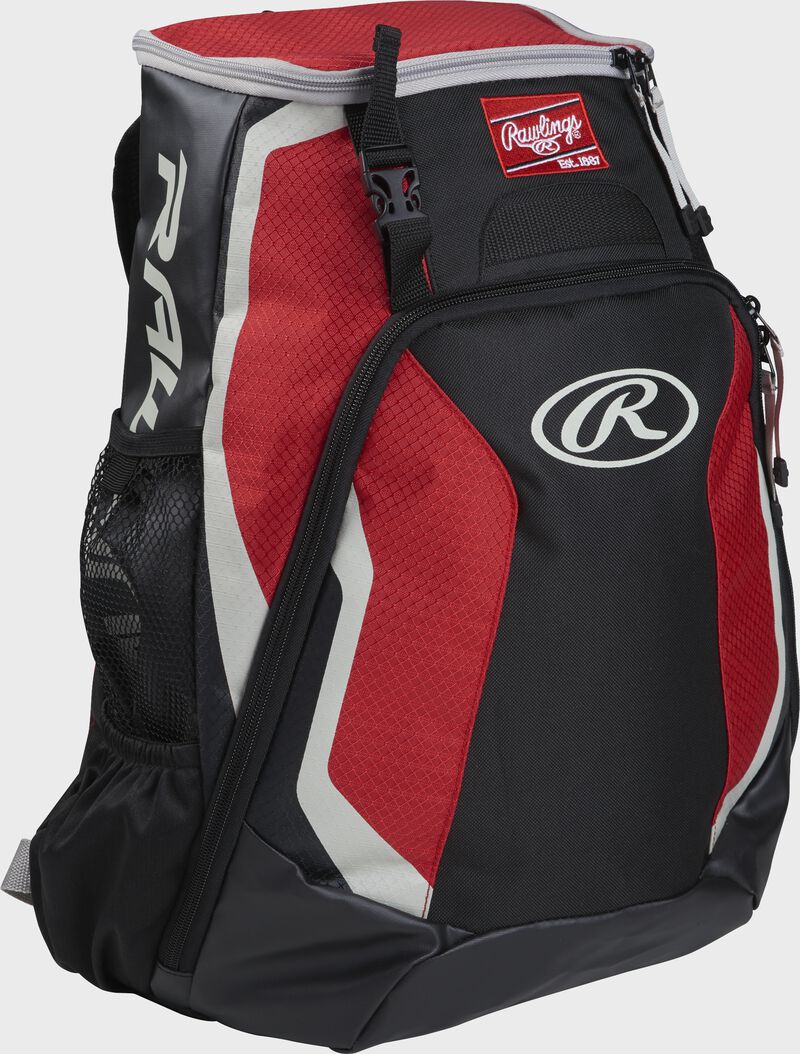Right side of a black/scarlet R500 Rawlings Players equipment backpack with white trim