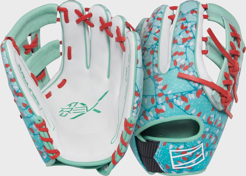 Two images showing the palm & back of a Rawlings exclusive REV1X 11.75" Holiday Lights infield glove