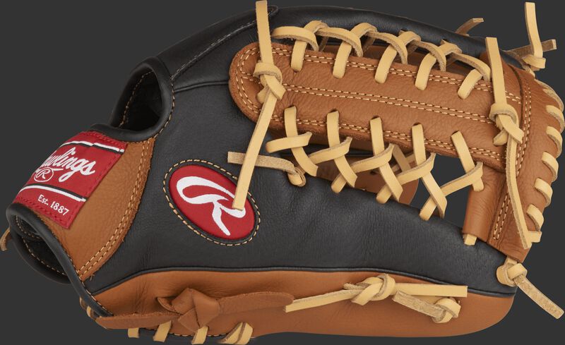 P115GBMT Prodigy 11.5-inch youth infield/pitcher's glove with a black thumb and golden brown trim and Modified Trap-Eze web