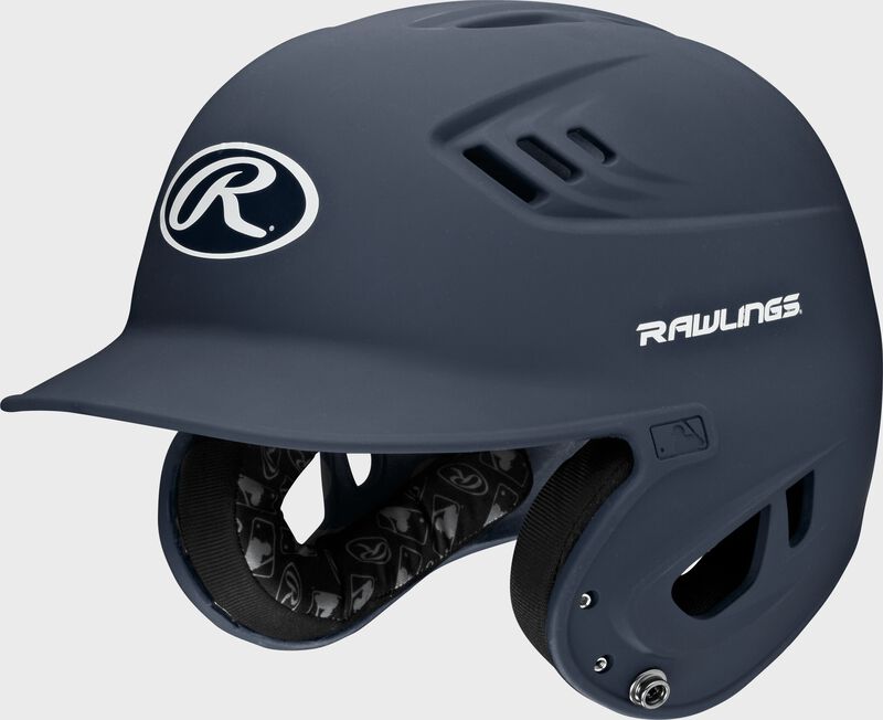 Front left-side view of Navy Rawlings Velo Matte Batting Helmet - SKU: R16M