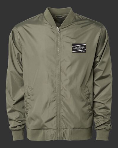A dark green Rawlings lightweight bomber jacket with a black/silver Rawlings patch logo on the chest - SKU: RSGBJ-DG