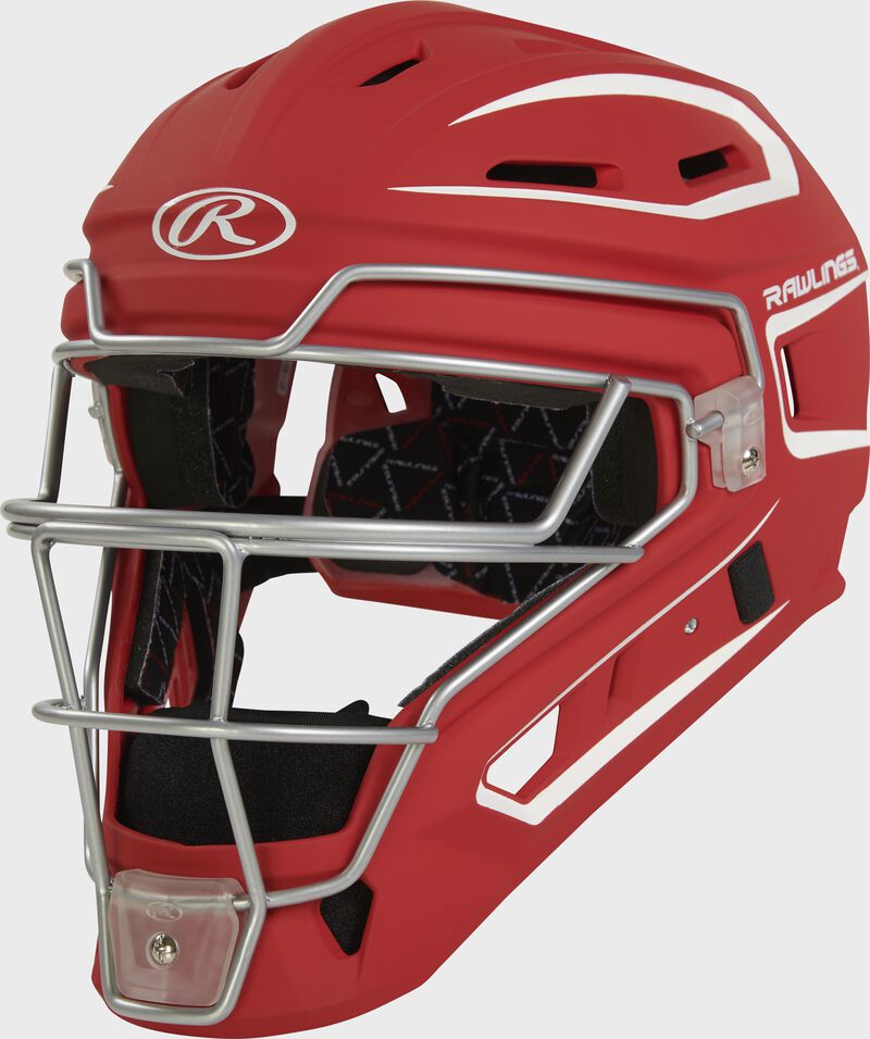 Front left of a scarlet Velo 2.0 catcher's helmet