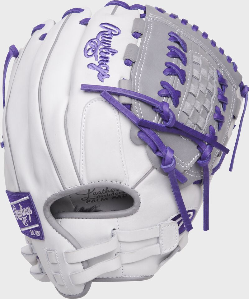 Back of a white/purple Liberty Advanced 12.5-Inch basket web glove with a pull strap back - SKU: RLA125-18WPG